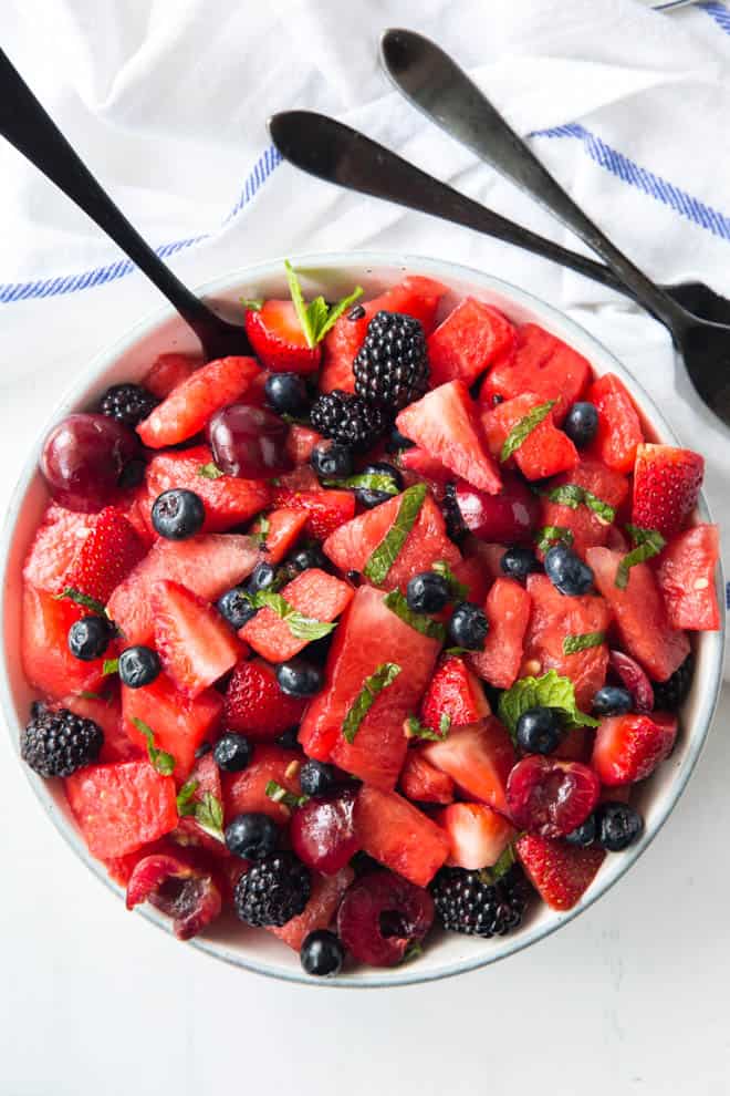 A large bowl of watermelon salad.