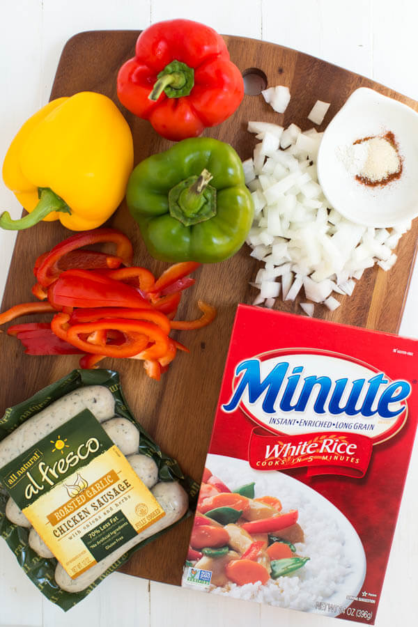 Skillet Fajita Chicken Sausage and Rice is made in one skillet and comes together in little time. Fresh bell peppers, onions, chicken sausage, fajita seasoning and rice are combined to create a meal for the entire family!