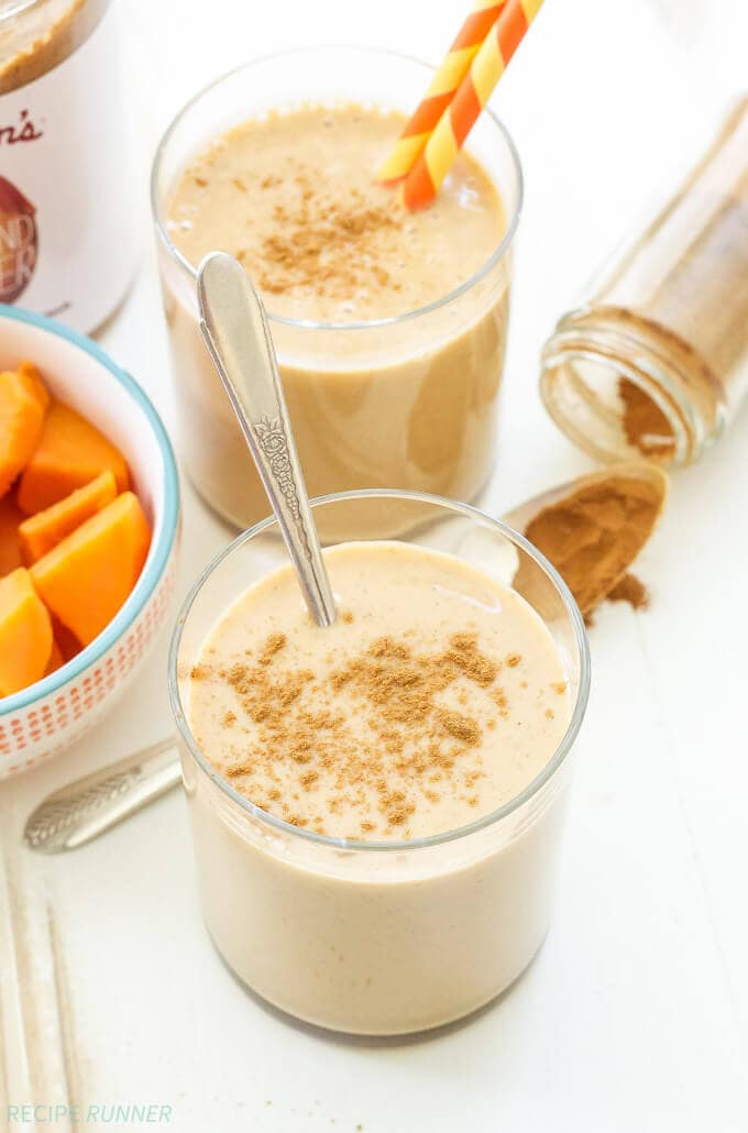 Cinnamon Sweet Potato Almond Butter Smoothie | Smoothies aren't just for summer! You'll love the pie inspired flavors in this smoothie! 