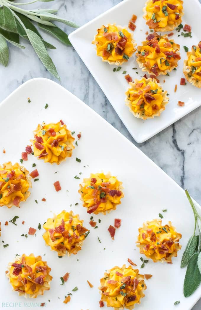 Mini Bacon Butternut Squash Cups | Creamy butternut squash and sage filling topped with crisp salty bacon, the perfect fall or holiday appetizer! 