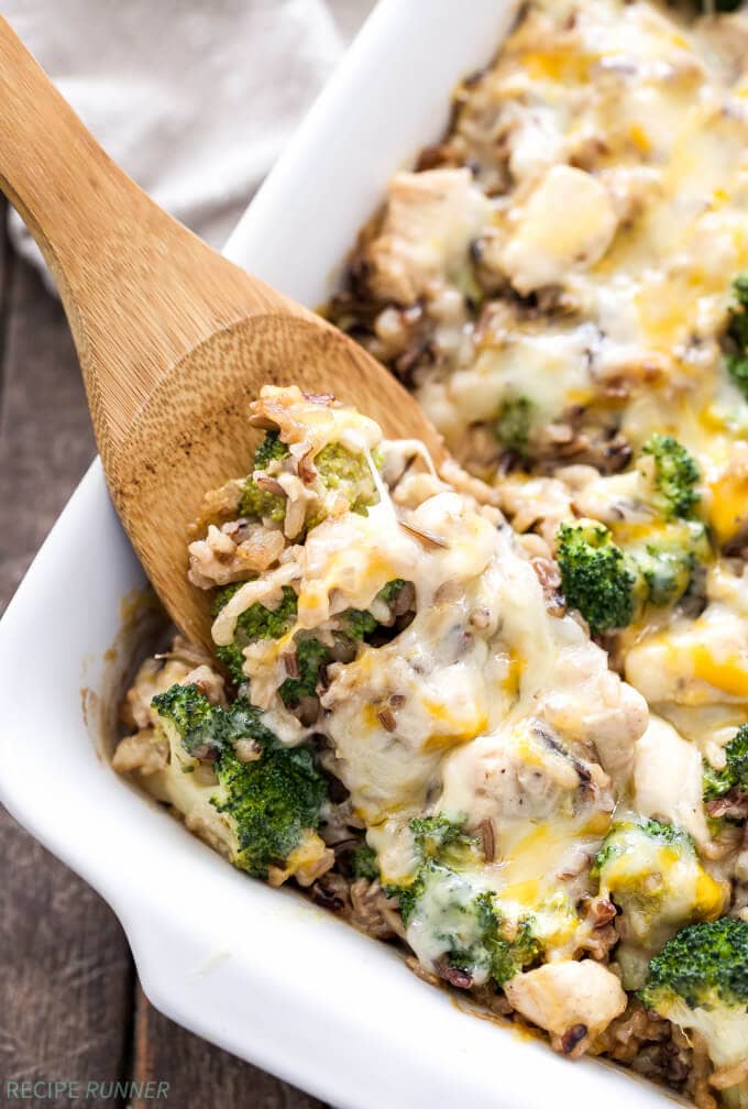 casserole dish with broccoli chicken and cheese wild rice