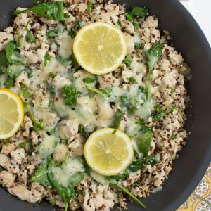 Lemon Chicken Quinoa Skillet with Baby Spinach cooks in one pan and creates a healthy meal packed with protein, greens and fresh lemon flavor!