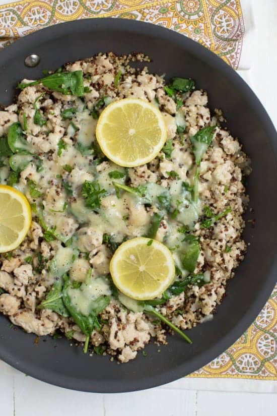 Lemon Chicken Quinoa Skillet with Baby Spinach