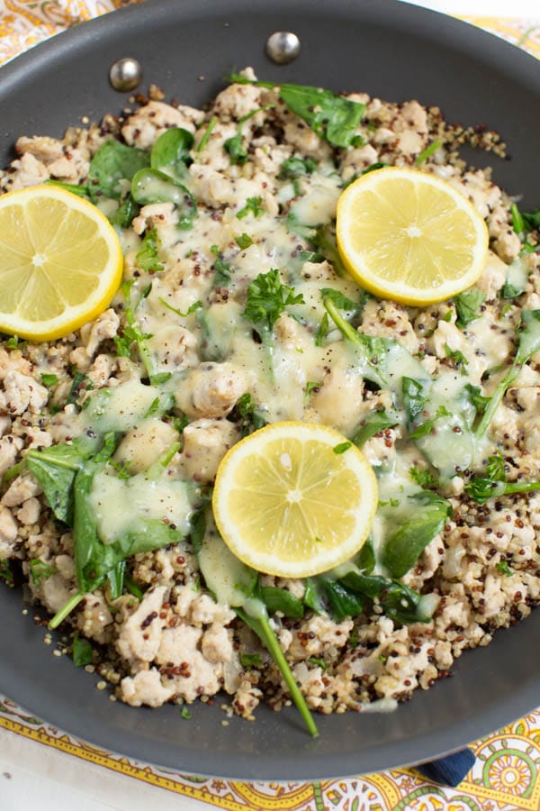 Lemon Chicken Quinoa Skillet with Baby Spinach cooks in one pan and creates a healthy meal packed with protein, greens and fresh lemon flavor!