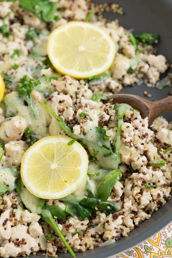 Lemon Chicken Quinoa Skillet with Baby Spinach cooks in one pan and creates a healthy meal packed with protein, greens and fresh lemon flavor!