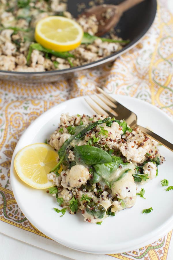 Lemon Chicken Quinoa Skillet with Baby Spinach cooks in one pan and creates a healthy meal packed with protein, greens and fresh lemon flavor!