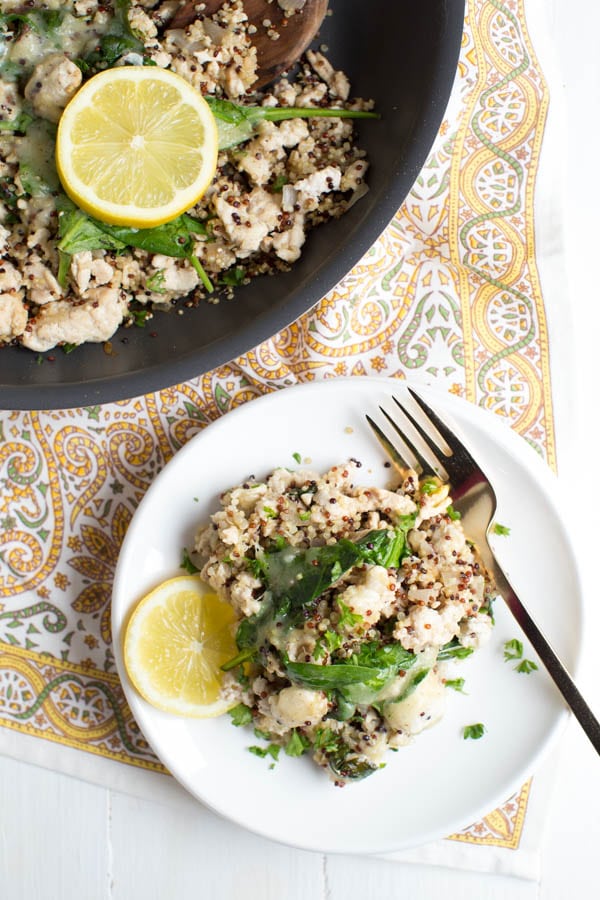 Lemon Chicken Quinoa Skillet with Baby Spinach cooks in one pan and creates a healthy meal packed with protein, greens and fresh lemon flavor!