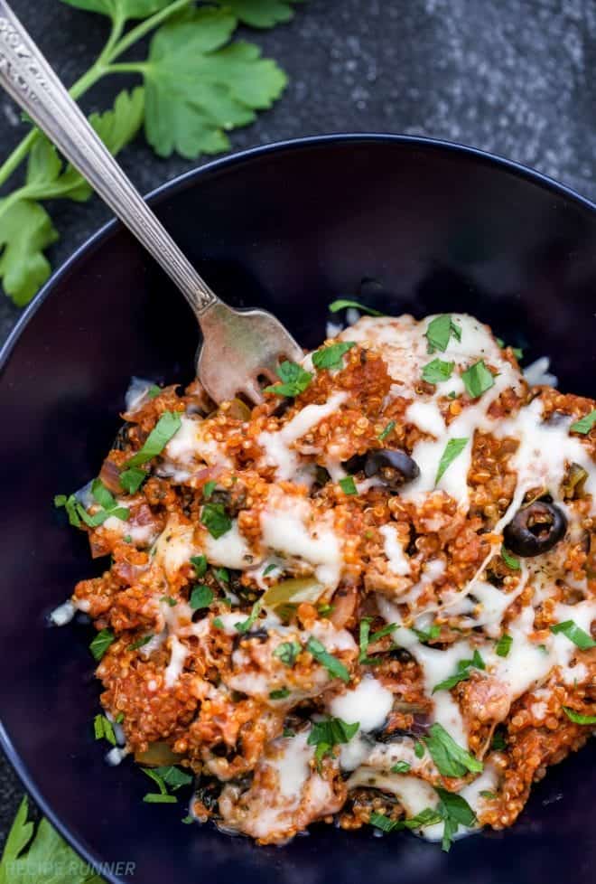 One Pot Supreme Pizza Quinoa Casserole is a great way to get your pizza fix, but in a healthier and more wholesome way. You'll love how easy and how quick this one pot meal is to make! | www.reciperunner.com