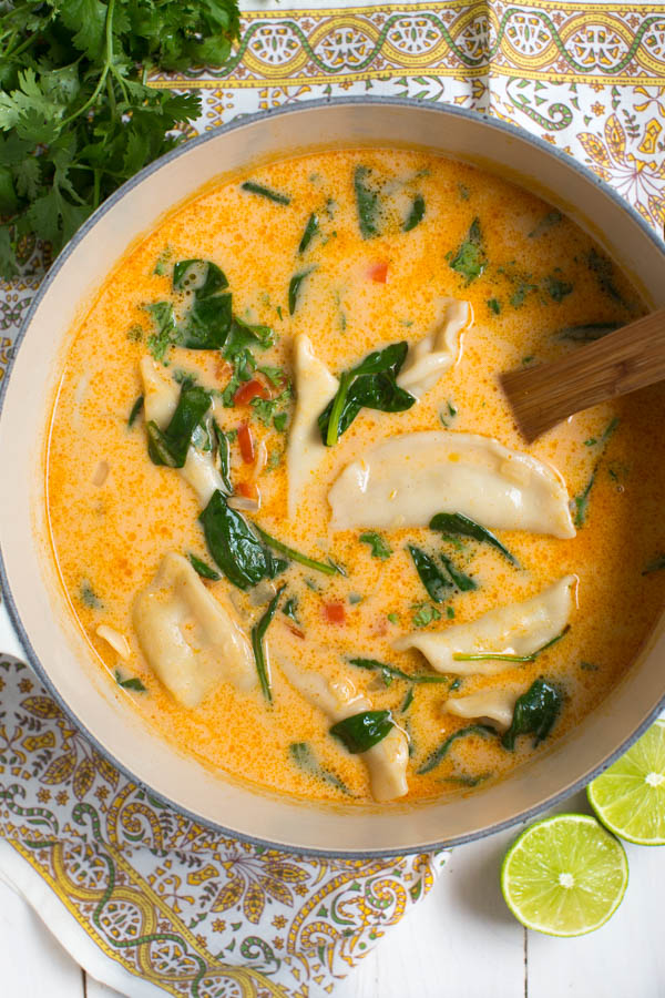 Thai Coconut Potsticker Soup includes your favorite Thai Coconut Curry flavors, tasty potstickers and the freshest ingredients!