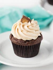 one chocolate peanut butter cupcake with frosting sitting on a white plate