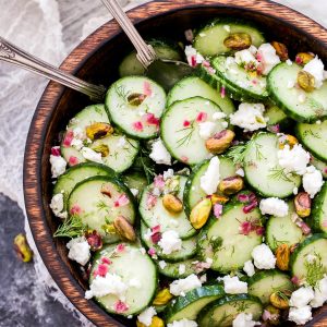 Say hello to your new favorite, refreshing salad - Cucumber, Dill, Feta and Pistachio Salad. Crisp cucumbers, fresh dill, salty feta and crunchy pistachios are the perfect combination of flavors!