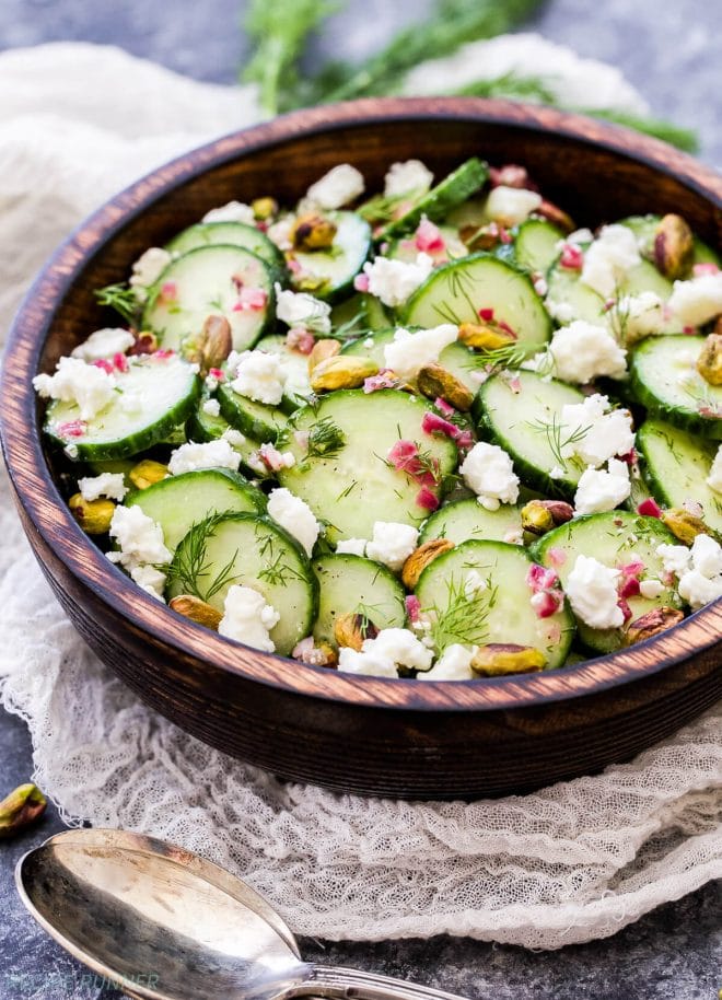 Say hello to your new favorite, refreshing salad - Cucumber, Dill, Feta and Pistachio Salad. Crisp cucumbers, fresh dill, salty feta and crunchy pistachios are the perfect combination of flavors!