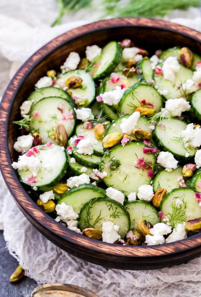 Say hello to your new favorite, refreshing salad - Cucumber, Dill, Feta and Pistachio Salad. Crisp cucumbers, fresh dill, salty feta and crunchy pistachios are the perfect combination of flavors!