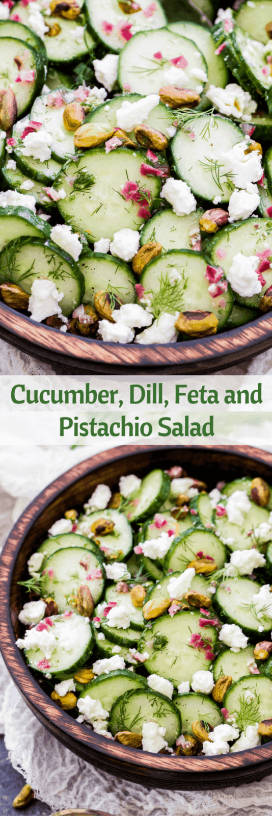 Say hello to your new favorite, refreshing salad - Cucumber, Dill, Feta and Pistachio Salad. Crisp cucumbers, fresh dill, salty feta and crunchy pistachios are the perfect combination of flavors! www.reciperunner.com