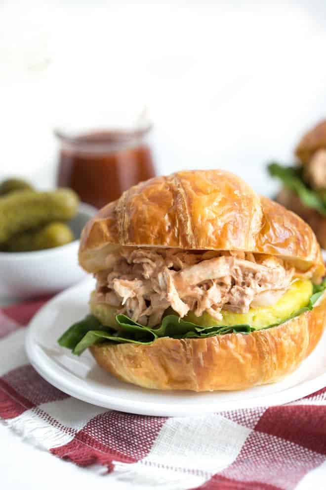Light and Creamy Barbecue Chicken Salad is made with Greek yogurt, barbecue sauce, yellow onion and a few simple seasonings to create a chicken salad that you will want to eat all year long! 