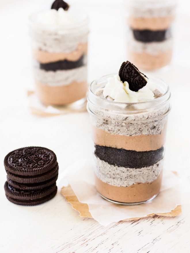 Chocolate cookie cheesecake parfait is quick and easy to make on a hot summer day.