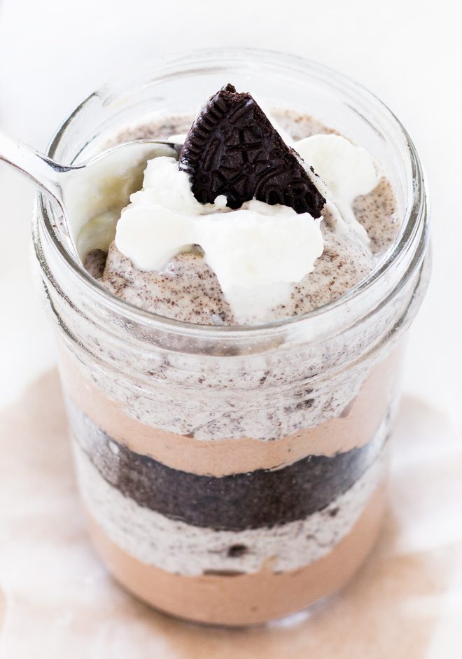 Chocolate cookie cheesecake parfait is layered with chocolatey goodness.