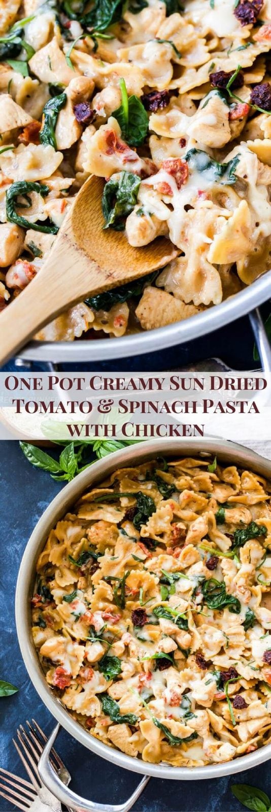 One Pot Creamy Sun Dried Tomato and Spinach Pasta with Chicken is an easy to make dinner the whole family will love! You won't believe there isn't a drop of cream in this flavorful, healthy pasta dish!