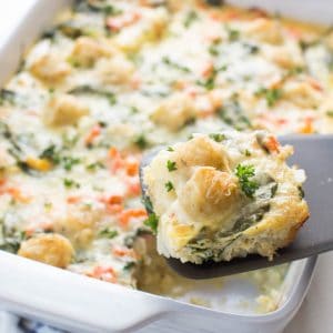 Make Ahead Tater Tot Breakfast Casserole with Veggies is an easy breakfast recipe that comes together with a few ingredients! It can be prepped in advance and baked just prior to serving.