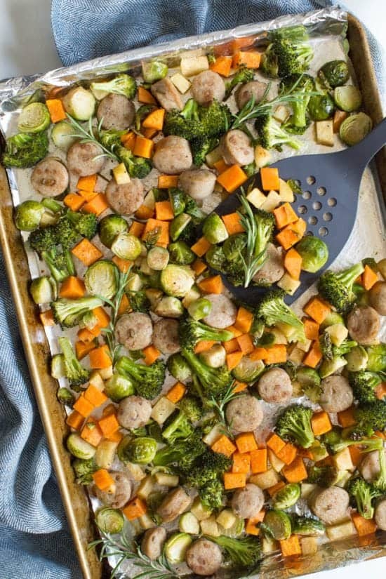 One Pan Chicken Sausage with Roasted Vegetables and Apples