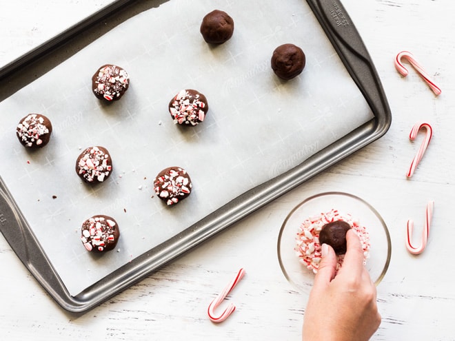 Double Chocolate Chip Peppermint Cookies are rolled in crushed candy canes.