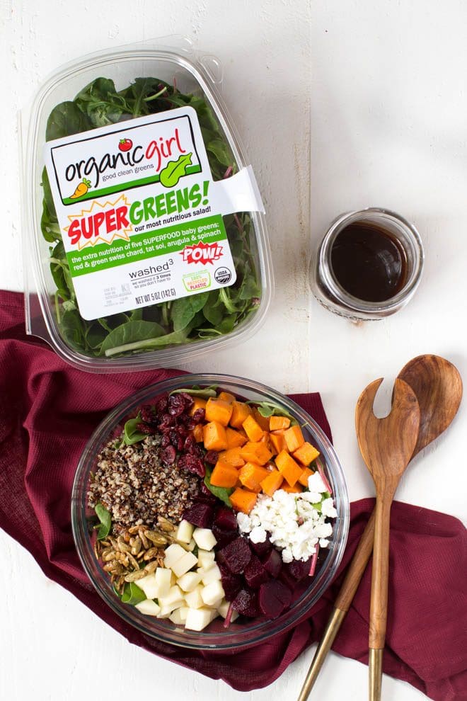 Roasted Sweet Potato, Beet, Apple and Quinoa Salad is made with fresh greens, vegetables, spiced pepitas, dried cranberries, goat cheese and a simple balsamic honey dressing!