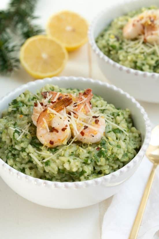 Lemon Garlic and Spinach Risotto with Sautéed Shrimp
