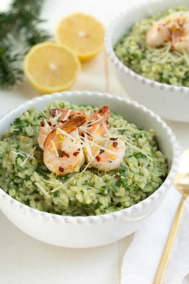 Lemon Garlic and Spinach Risotto with Sautéed Shrimp is a classic recipe that combines everything you love about creamy risotto with lemon garlic and hearty spinach. The creamy risotto is topped with a simple sautéed lemon garlic shrimp to create an entire meal for any day of the week!