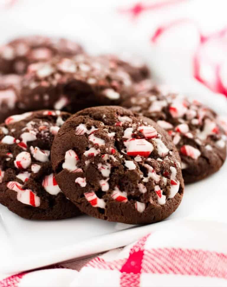 Chocolate peppermint cookies topped with crushed candy cane pieces.