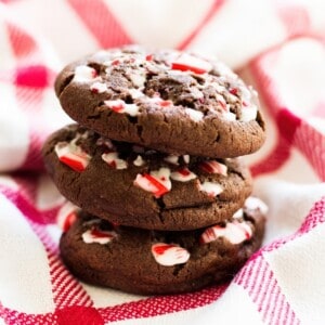 Chocolate peppermint cookies topped with crushed candy cane pieces.