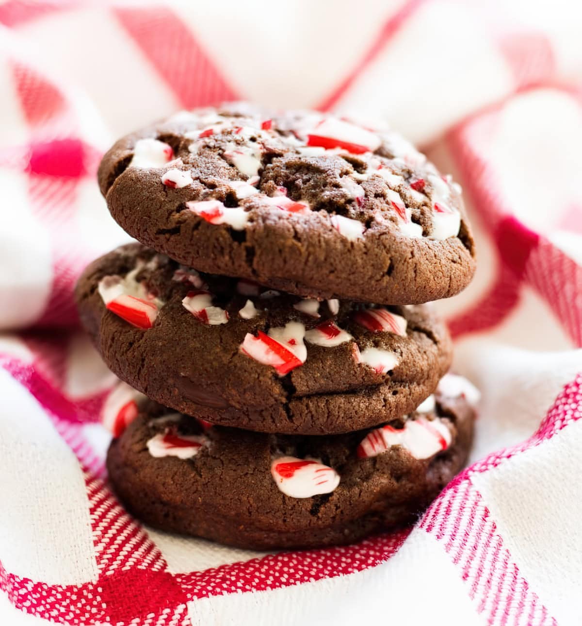 Chocolate peppermint cookies topped with crushed candy cane pieces.
