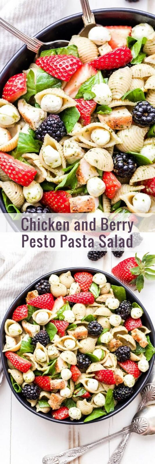This Chicken and Berry Pesto Pasta Salad is a flavorful and easy to make main dish salad. All the flavors of caprese salad, but using berries instead of tomatoes! #pastasalad #pesto #strawberries #chicken