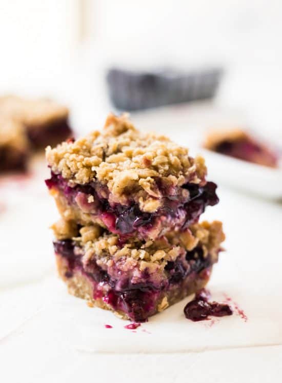 Blueberry Crumble Bars are filled with juicy blueberries and topped with a buttery crumble.