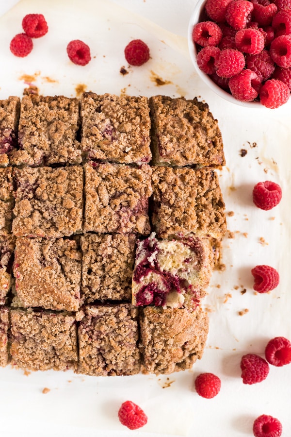 Raspberry coffee cake is bursting with raspberry flavor and topped with a sweet buttery crumble.