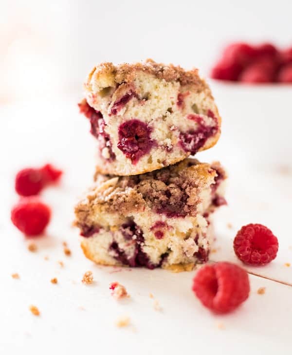 Two slices of raspberry coffee cake stacked on top of each other