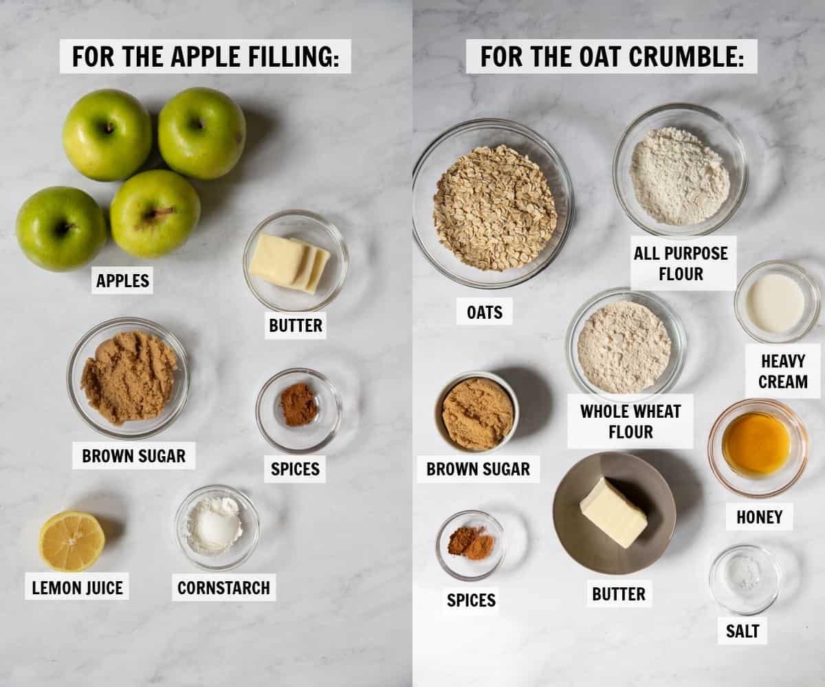 all of the ingredients for apple bars on a white tabletop