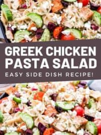 pasta salad in a bowl with chicken, cucumbers, tomatoes, olives and feta cheese