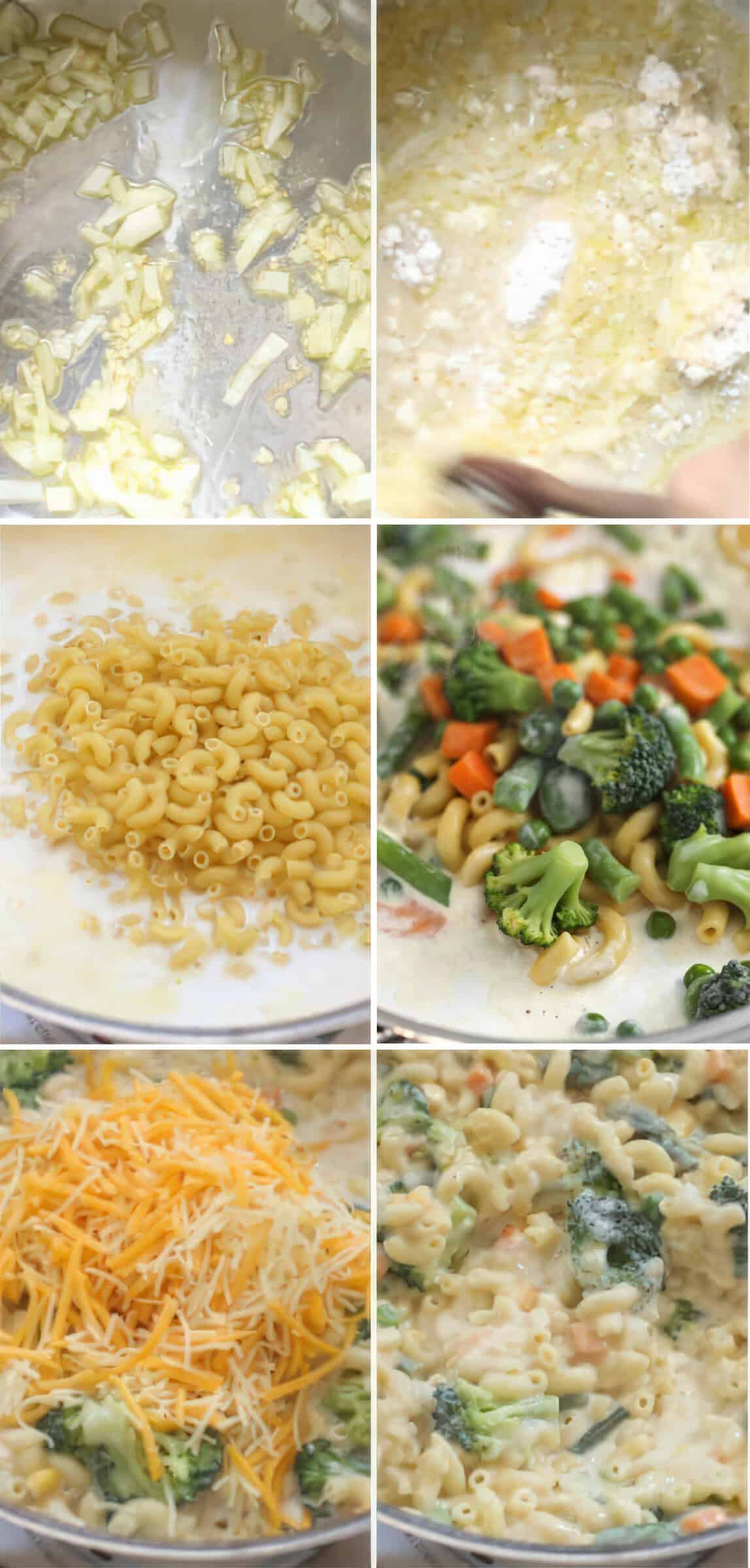 Step-by-step collage showing how to make vegetable mac and cheese, from sautéing garlic to mixing in cheese and veggies.