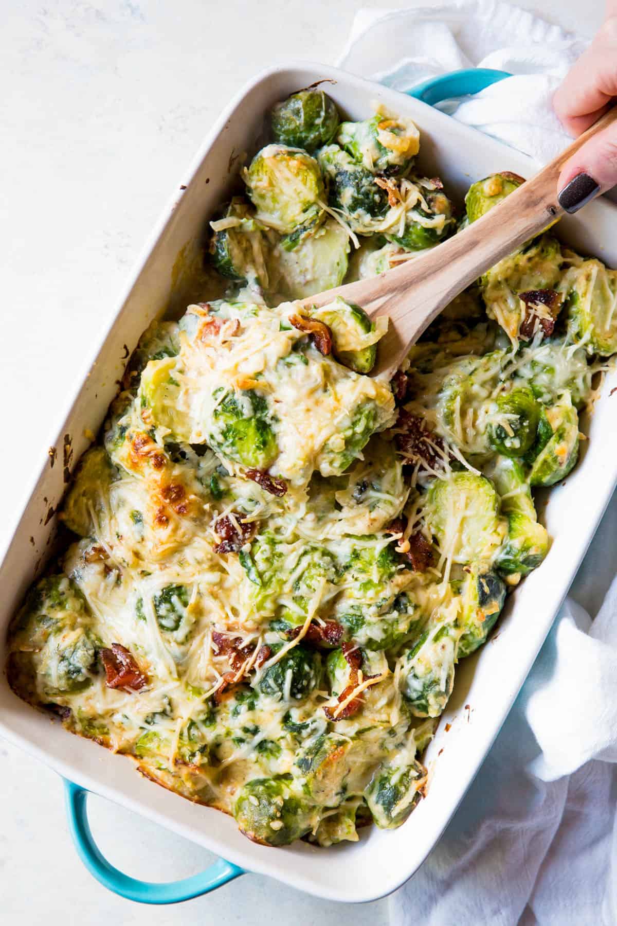 baked brussels sprouts casserole in a baking dish