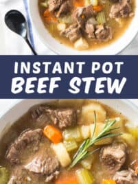 A bowl of instant pot beef stew sits on a white countertop ready for serving with the spoon sitting on the side.