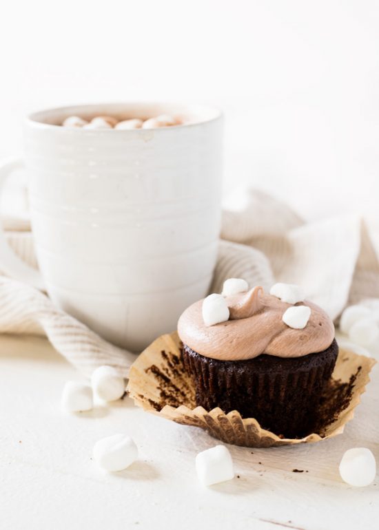 Hot chocolate cupcakes with cocoa frosting and mini marshmallows