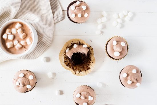 Hot chocolate cupcakes with cocoa frosting and mini marshmallows