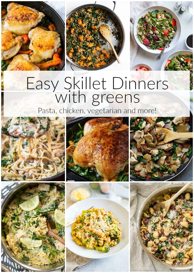 Easy Skillet Dinners with Greens features easy weeknight dinners made in one skillet and packed with greens like kale, spinach, arugula and more. Sneak healthy greens into every single meal and make it easy with one of these recipes. #easy #skillet #dinner #recipe #chicken #spinach #kale #arugula #onepan