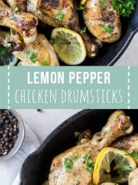 baked chicken drumsticks in a black cast iron skillet garnished with lemon slices and chopped parsley
