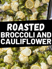 Roasted broccoli and cauliflower on a sheet pan.