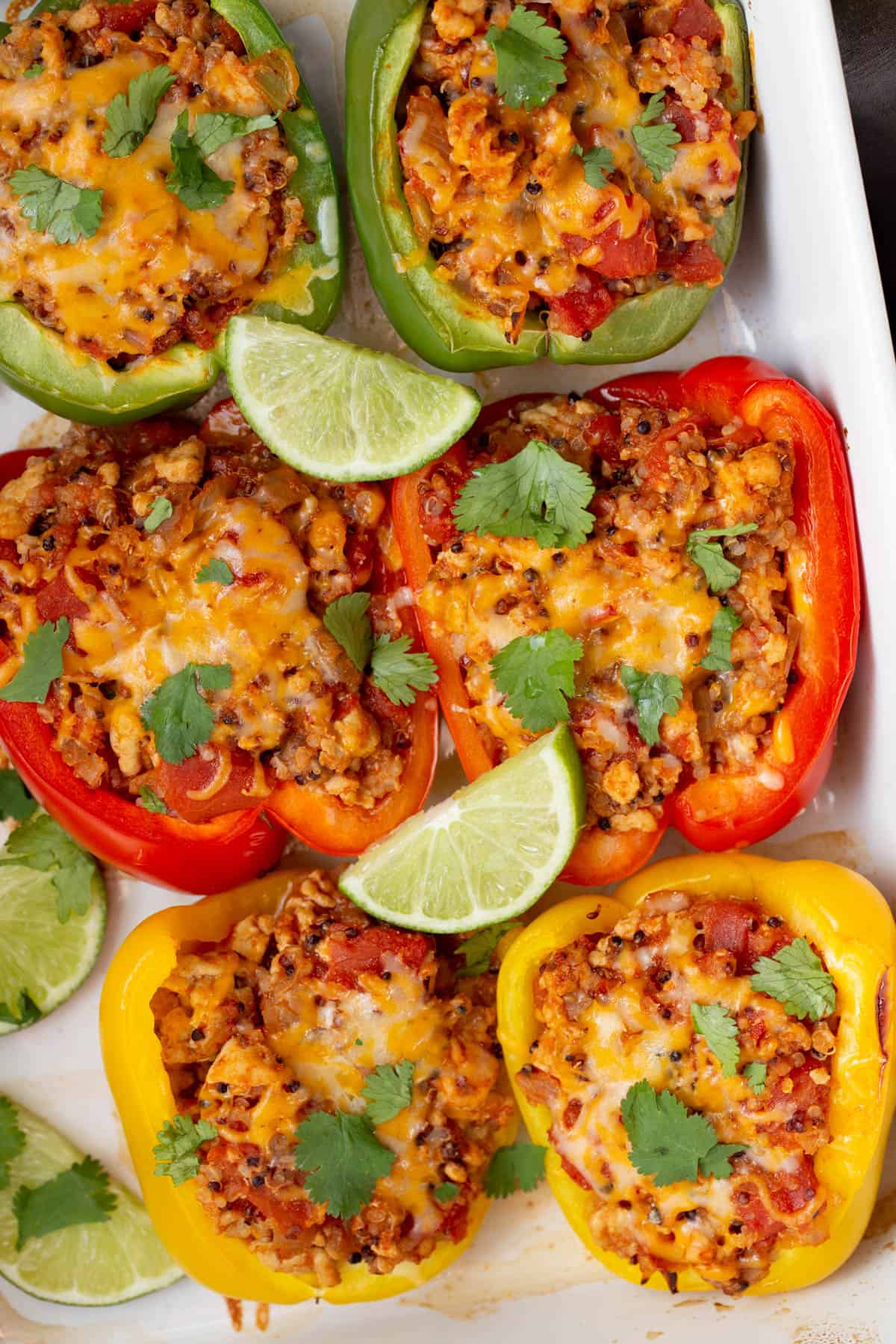 Six stuffed bell peppers sit in a white baking dish for serving.