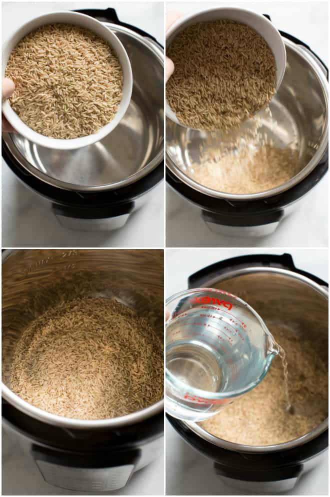 Step by step photos for how to cook brown rice in the instant pot.