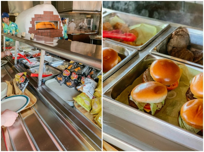 Burgers at the lunch bbq buffet on Castaway Cay.