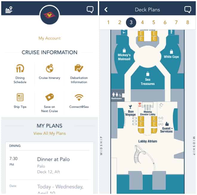 Disney Cruise Line navigator app with map of the ship