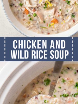 A large bowl of chicken wild rice soup.